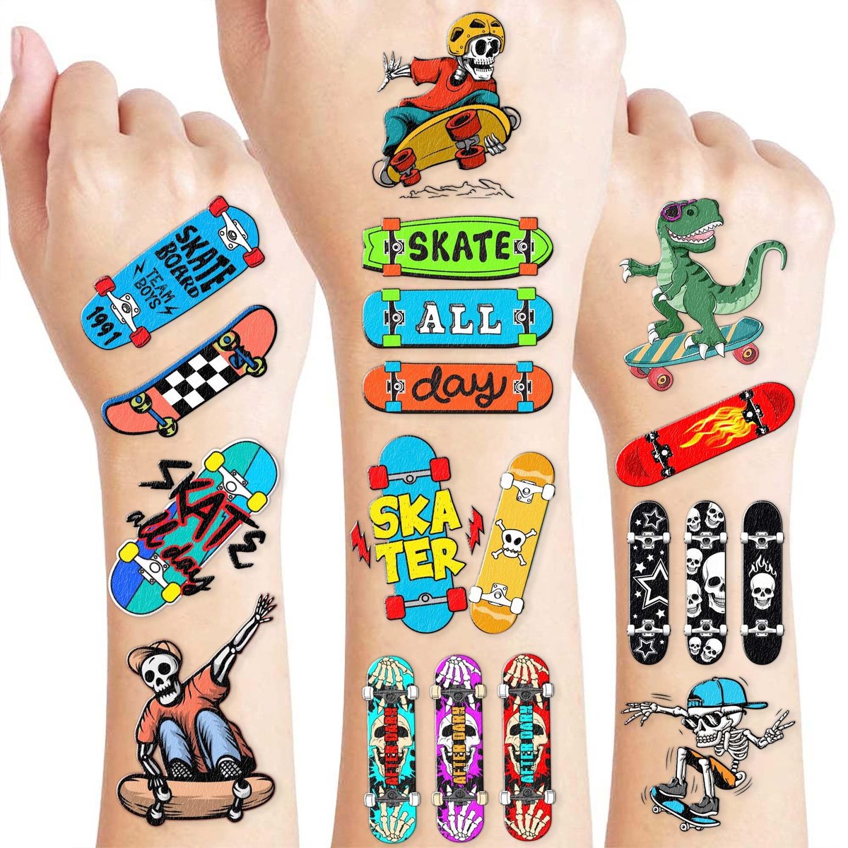 96PCS Skateboard Temporary Tattoos Pre-Cut – Cool Skate Theme Party Decorations, Fun Stickers for Boys Girls Kids, Party Favors, School Gifts & Rewards - görsel 1