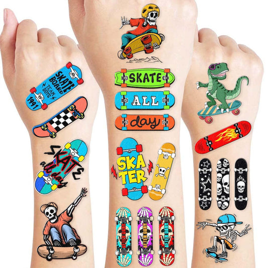 96PCS Skateboard Temporary Tattoos Pre-Cut – Cool Skate Theme Party Decorations, Fun Stickers for Boys Girls Kids, Party Favors, School Gifts & Rewards