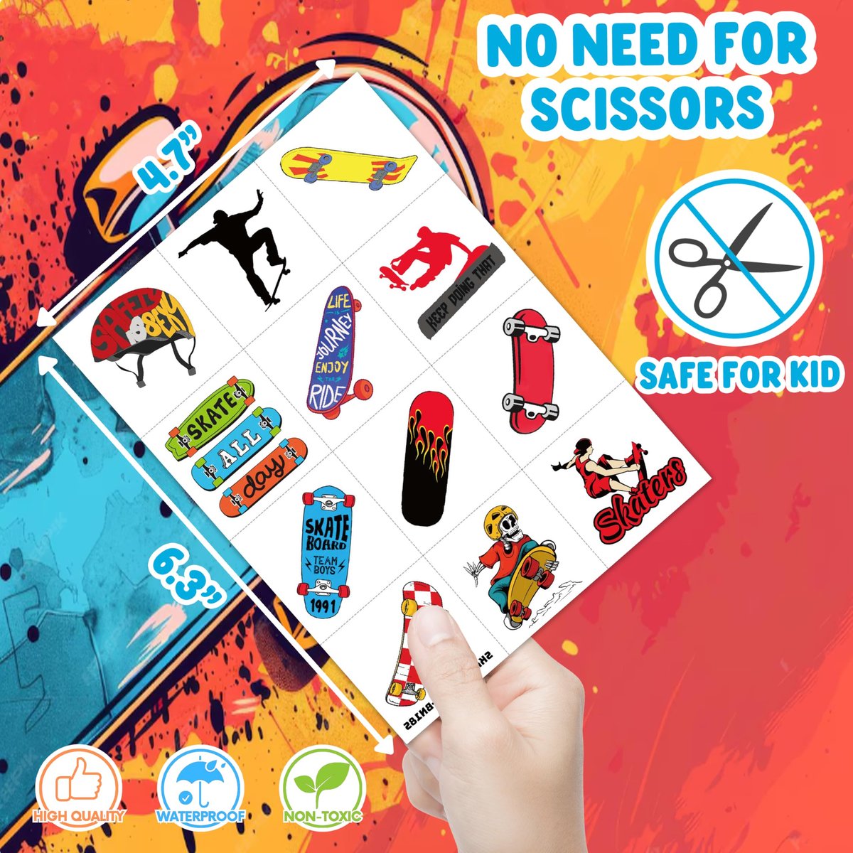 96PCS Skateboard Temporary Tattoos Pre-Cut – Cool Skate Theme Party Decorations, Fun Stickers for Boys Girls Kids, Party Favors, School Gifts & Rewards - görsel 7