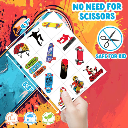 96PCS Skateboard Temporary Tattoos Pre-Cut – Cool Skate Theme Party Decorations, Fun Stickers for Boys Girls Kids, Party Favors, School Gifts & Rewards