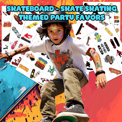 96PCS Skateboard Temporary Tattoos Pre-Cut – Cool Skate Theme Party Decorations, Fun Stickers for Boys Girls Kids, Party Favors, School Gifts & Rewards