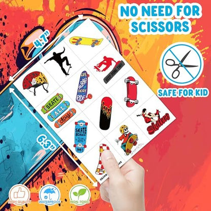 96PCS Skateboard Temporary Tattoos Pre-Cut – Cool Skate Theme Party Decorations, Fun Stickers for Boys Girls Kids, Party Favors, School Gifts & Rewards