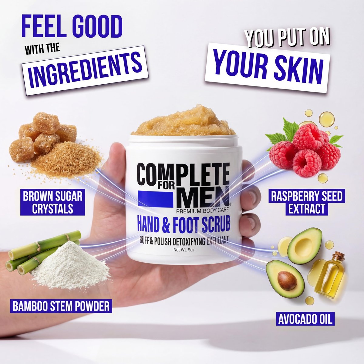 COMPLETE FOR MEN Hand and Foot Scrub - Exfoliating Sugar Scrub for Dry Skin, Moisturizing Rough Skin Remover, Ideal for Hands and Feet Care, 9 oz Avelisse