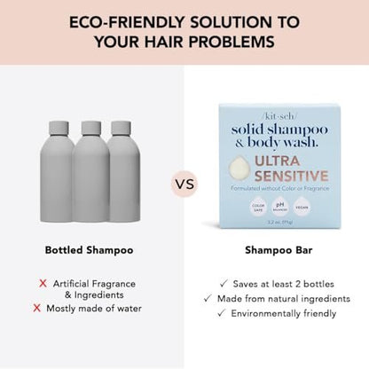 Kitsch 2-in-1 Shampoo Bar and Body Wash - Ultra Sensitive, Vegan & Natural, 5-Ingredient Formula for Hair & Body - Scent-Free, 3.2 oz