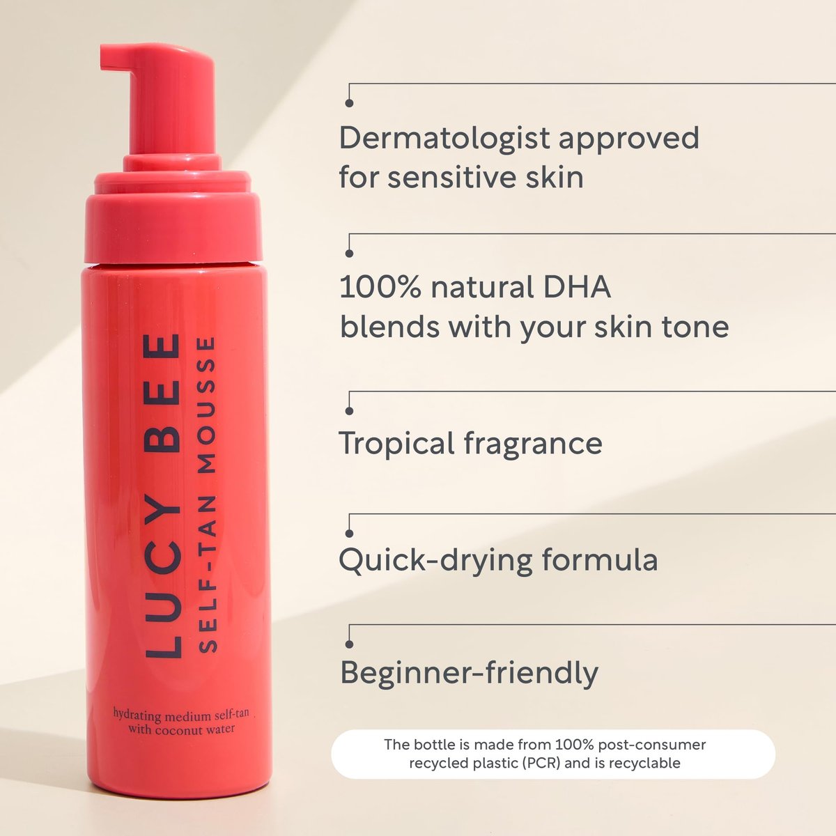 Lucy Bee Self Tan Mousse - Customizable Medium Self Tanning Foam for Natural Looking Tan, Quick-Drying, Dermatologist Approved for Sensitive Skin, Hydrating Coconut Water, Tropical Scent, 6.76 fl oz - görsel 7