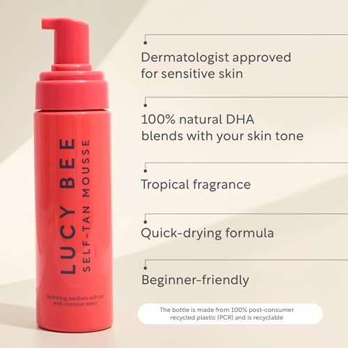 Lucy Bee Self Tan Mousse - Customizable Medium Self Tanning Foam for Natural Looking Tan, Quick-Drying, Dermatologist Approved for Sensitive Skin, Hydrating Coconut Water, Tropical Scent, 6.76 fl oz - görsel 8