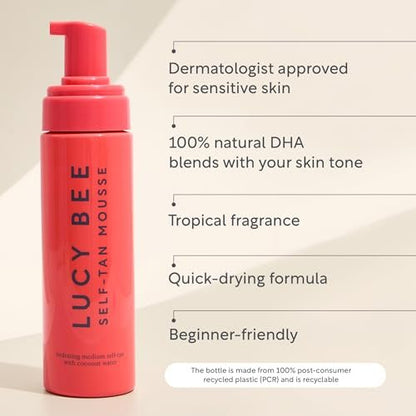 Lucy Bee Self Tan Mousse - Customizable Medium Self Tanning Foam for Natural Looking Tan, Quick-Drying, Dermatologist Approved for Sensitive Skin, Hydrating Coconut Water, Tropical Scent, 6.76 fl oz