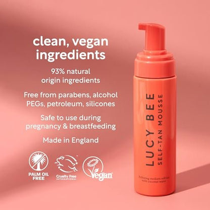 Lucy Bee Self Tan Mousse - Customizable Medium Self Tanning Foam for Natural Looking Tan, Quick-Drying, Dermatologist Approved for Sensitive Skin, Hydrating Coconut Water, Tropical Scent, 6.76 fl oz