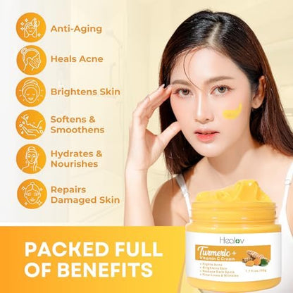 All Natural Turmeric Face Cream for Face & Body - Skin Brightening Lotion, Fights Acne, Evens Tone, Fades Scars, Sun Damage & Age Spots - Pure Turmeric Cream Healing (1.67 oz)