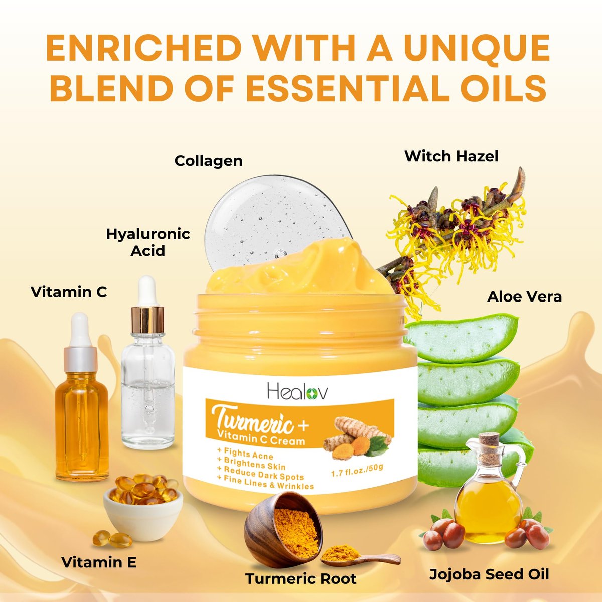 All Natural Turmeric Face Cream for Face & Body - Skin Brightening Lotion, Fights Acne, Evens Tone, Fades Scars, Sun Damage & Age Spots - Pure Turmeric Cream Healing (1.67 oz) - görsel 9
