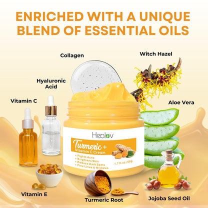 All Natural Turmeric Face Cream for Face & Body - Skin Brightening Lotion, Fights Acne, Evens Tone, Fades Scars, Sun Damage & Age Spots - Pure Turmeric Cream Healing (1.67 oz)