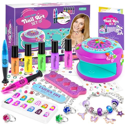 BATTOP Kids Nail Polish Set for Girls - Non-Toxic Water Based Nail Art Kit with Dryer, Fake Nails & Stickers - Perfect Gift for Ages 6-12 Avelisse