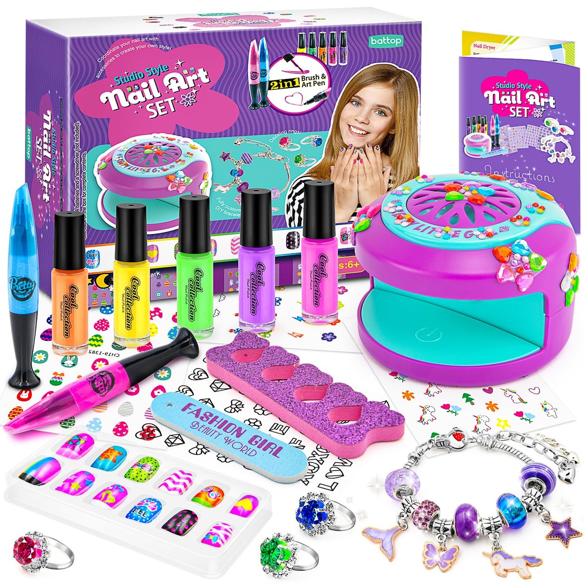 BATTOP Kids Nail Polish Set for Girls - Non-Toxic Water Based Nail Art Kit with Dryer, Fake Nails & Stickers - Perfect Gift for Ages 6-12 Avelisse
