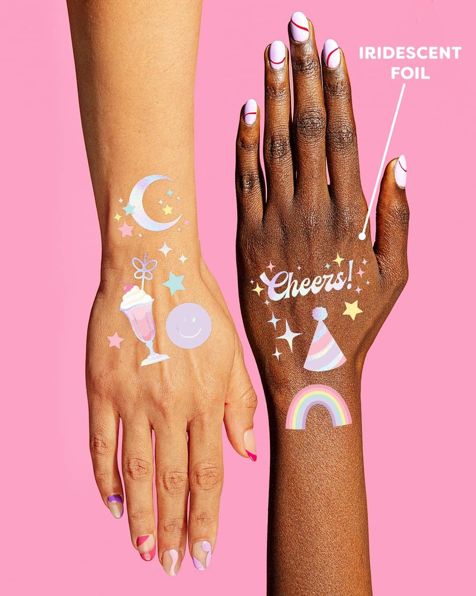 xo, Fetti Pastel Rainbow Temporary Tattoos - 50 Iridescent Foil Styles | Preppy Birthday Party Supplies & Smiley Party Favors - görsel 8
