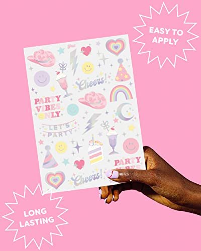 xo, Fetti Pastel Rainbow Temporary Tattoos - 50 Iridescent Foil Styles | Preppy Birthday Party Supplies & Smiley Party Favors
