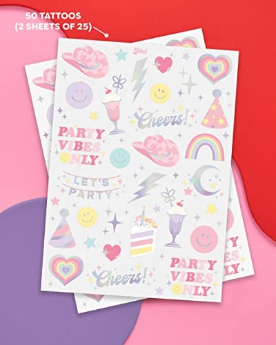 xo, Fetti Pastel Rainbow Temporary Tattoos - 50 Iridescent Foil Styles | Preppy Birthday Party Supplies & Smiley Party Favors