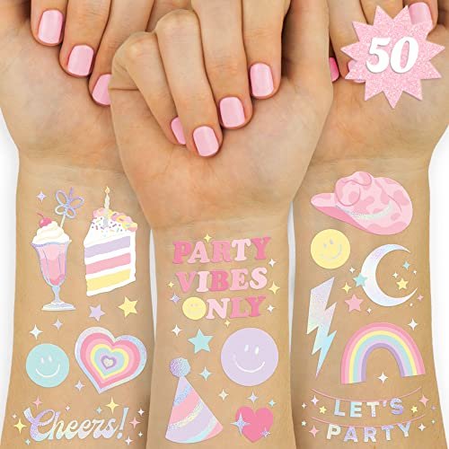 xo, Fetti Pastel Rainbow Temporary Tattoos - 50 Iridescent Foil Styles | Preppy Birthday Party Supplies & Smiley Party Favors - görsel 1
