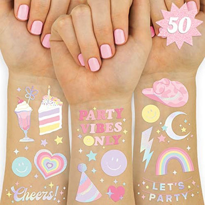 xo, Fetti Pastel Rainbow Temporary Tattoos - 50 Iridescent Foil Styles | Preppy Birthday Party Supplies & Smiley Party Favors