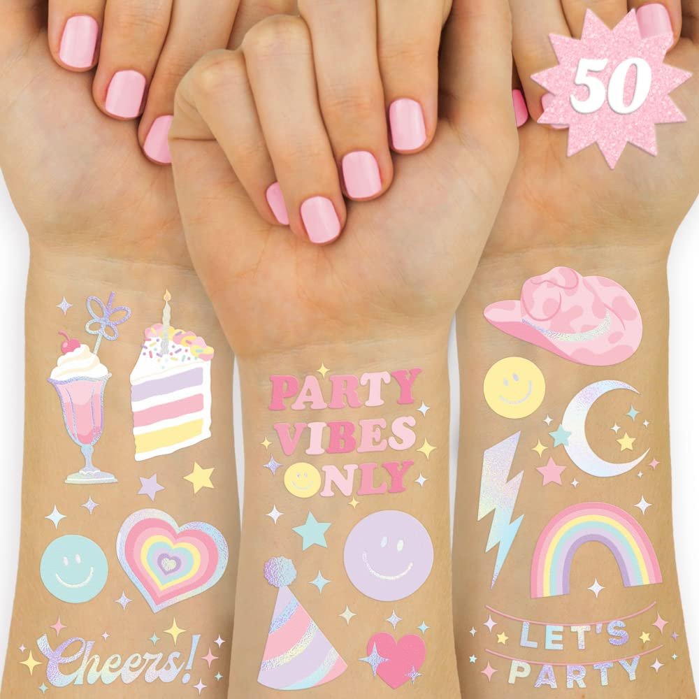 xo, Fetti Pastel Rainbow Temporary Tattoos - 50 Iridescent Foil Styles | Preppy Birthday Party Supplies & Smiley Party Favors - görsel 2