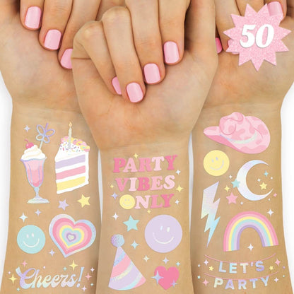 xo, Fetti Pastel Rainbow Temporary Tattoos - 50 Iridescent Foil Styles | Preppy Birthday Party Supplies & Smiley Party Favors