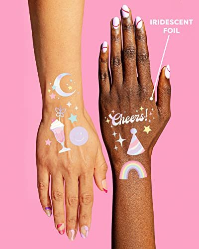 xo, Fetti Pastel Rainbow Temporary Tattoos - 50 Iridescent Foil Styles | Preppy Birthday Party Supplies & Smiley Party Favors