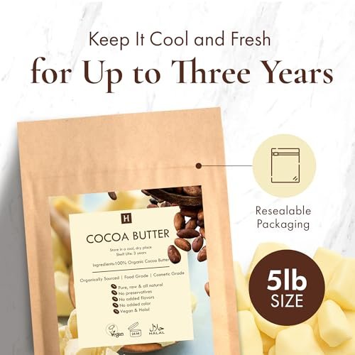 HalalEveryDay Raw Cocoa Butter 5 lb – Unrefined Organic Food Grade & Cosmetic Grade Cocoa Butter Chunks for Baking, Skincare, Body Butter & Lip Balm Avelisse