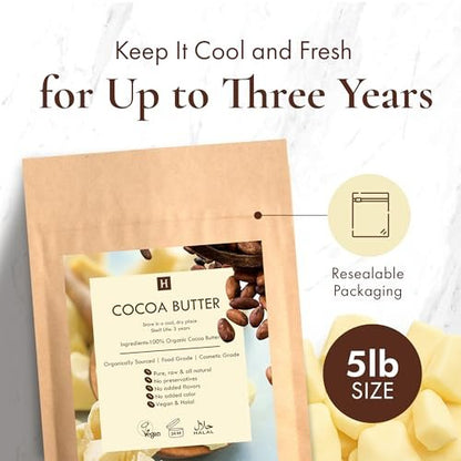 HalalEveryDay Raw Cocoa Butter 5 lb – Unrefined Organic Food Grade & Cosmetic Grade Cocoa Butter Chunks for Baking, Skincare, Body Butter & Lip Balm Avelisse