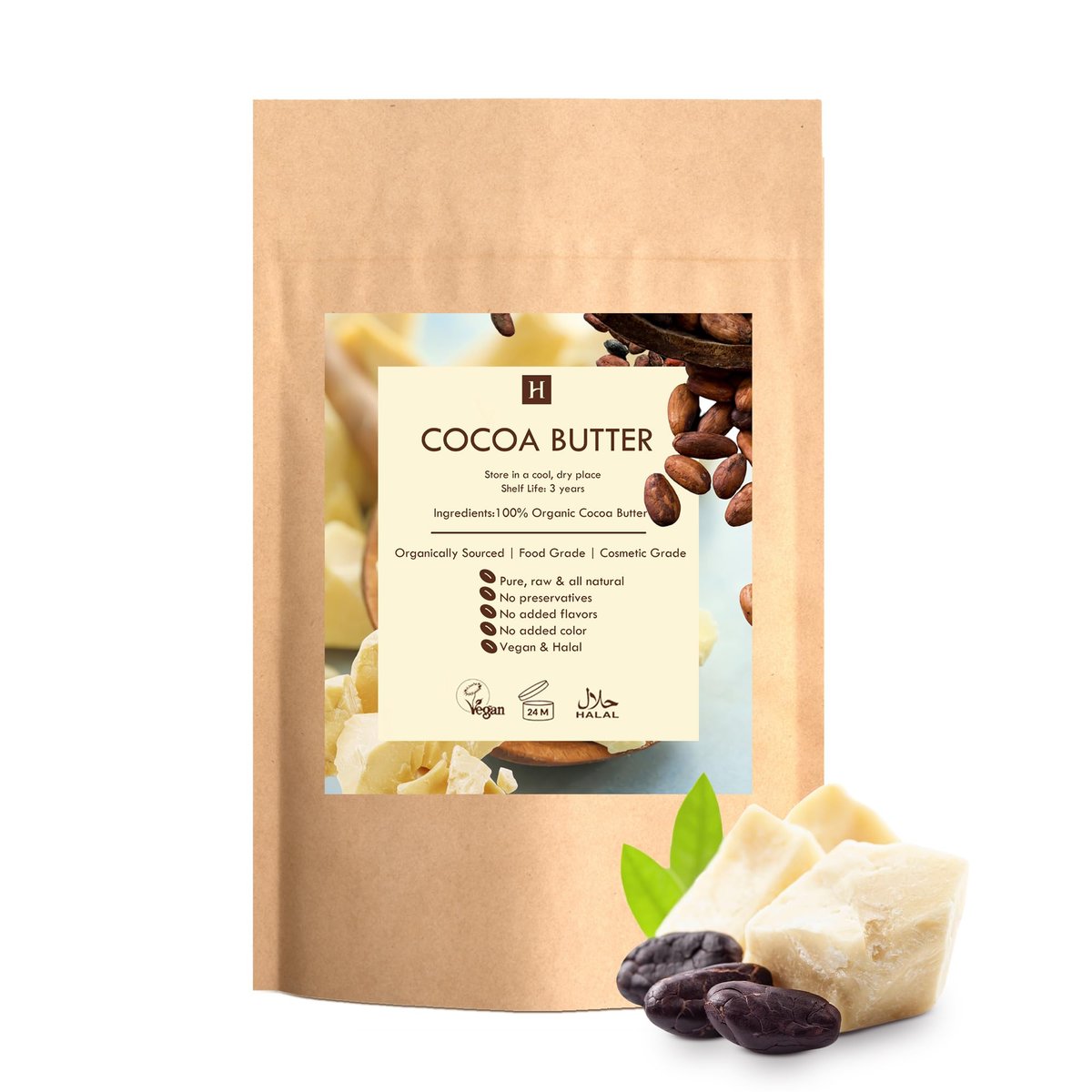 HalalEveryDay Raw Cocoa Butter 5 lb – Unrefined Organic Food Grade & Cosmetic Grade Cocoa Butter Chunks for Baking, Skincare, Body Butter & Lip Balm Avelisse
