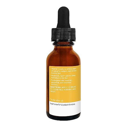 Brightening Vitamin C Serum with Hyaluronic Acid – Anti-Aging Facial Serum for Hydrated, Glowing Skin, 1 oz