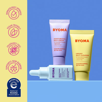 BYOMA So Bright Set - Barrier Repair Skincare Trio for Brighter Skin: Creamy Jelly Cleanser, Brightening Serum & Ceramide Moisturizer (30ml, 15ml, 15ml) Avelisse