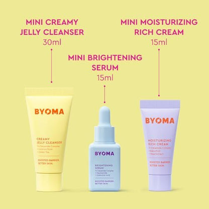 BYOMA So Bright Set - Barrier Repair Skincare Trio for Brighter Skin: Creamy Jelly Cleanser, Brightening Serum & Ceramide Moisturizer (30ml, 15ml, 15ml) Avelisse