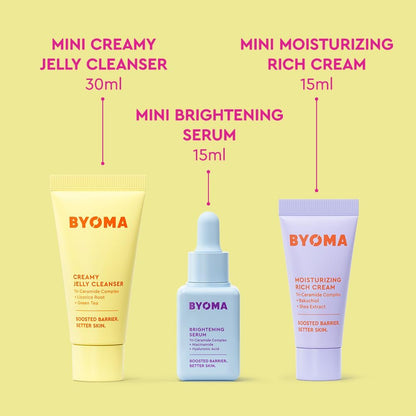 BYOMA So Bright Set - Barrier Repair Skincare Trio for Brighter Skin: Creamy Jelly Cleanser, Brightening Serum & Ceramide Moisturizer (30ml, 15ml, 15ml) Avelisse