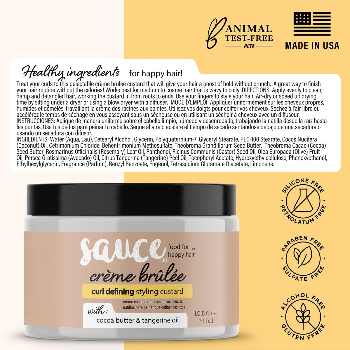 SAUCE BEAUTY Crème Brulee Curl Custard - Frizz Control & Curl Defining Cream with Cocoa Butter, Coconut Oil & Tangerine Oil for Wavy & Coily Hair (10.5 Fl Oz) Avelisse
