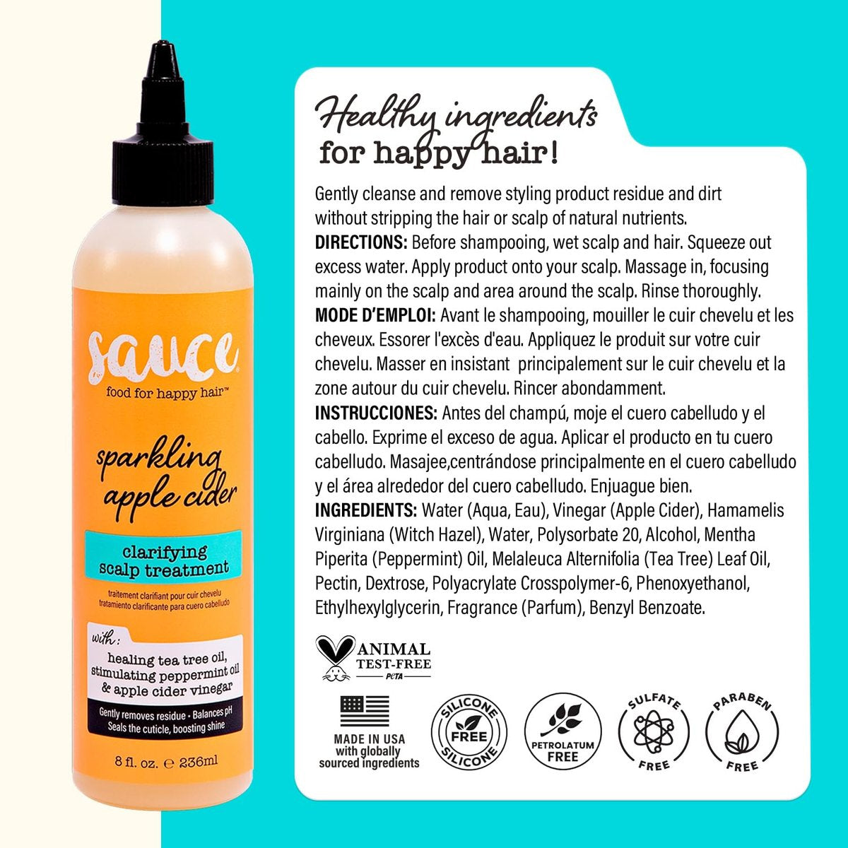 SAUCE BEAUTY Clarifying Scalp Treatment - Sparkling Apple Cider Scalp & Hair Cleanser with Apple Cider Vinegar & Tea Tree Oil for Dry, Itchy Scalp, All Hair Types (8 Fl Oz) Avelisse