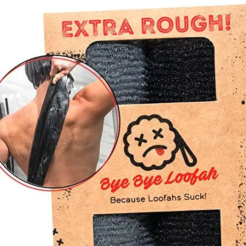 Extra Rough Exfoliating Washcloth - Extreme Body & Back Scrubber for Shower, Extra Long, Hygienic Exfoliator Wash Cloth for Men or Women, 2 Count Pack, 1 Black & 1 Grey, Bye Bye Loofah Avelisse