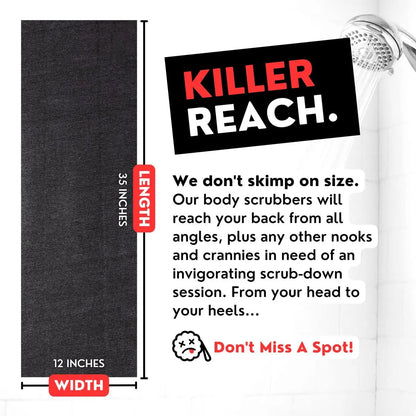 Extra Rough Exfoliating Washcloth - Extreme Body & Back Scrubber for Shower, Extra Long, Hygienic Exfoliator Wash Cloth for Men or Women, 2 Count Pack, 1 Black & 1 Grey, Bye Bye Loofah Avelisse
