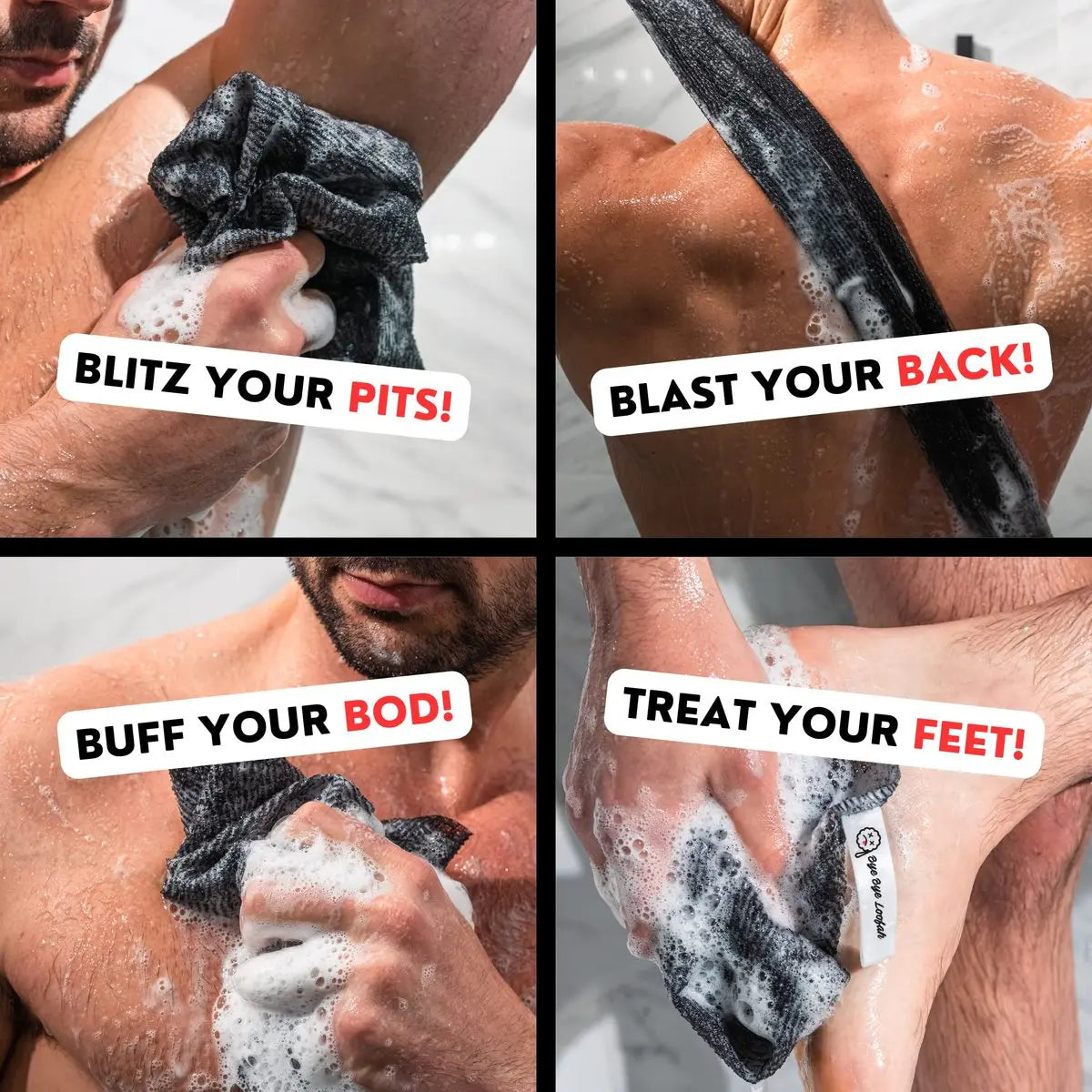 Extra Rough Exfoliating Washcloth - Extreme Body & Back Scrubber for Shower, Extra Long, Hygienic Exfoliator Wash Cloth for Men or Women, 2 Count Pack, 1 Black & 1 Grey, Bye Bye Loofah Avelisse