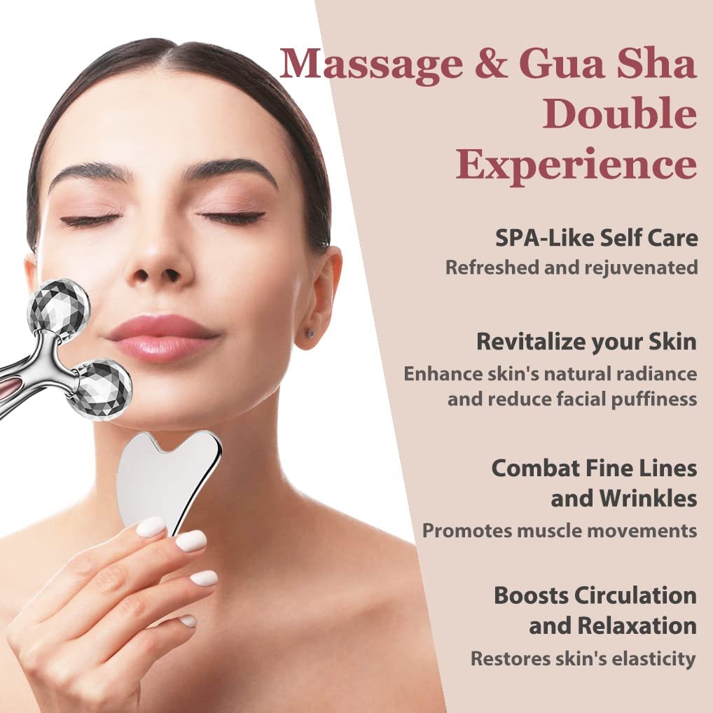 Lanfixilly Stainless Steel Gua Sha and Face Roller Set - Facial Tool for Face Sculpting, Metal Skin Care Massager for Women - görsel 3