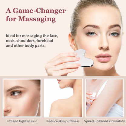 Lanfixilly Stainless Steel Gua Sha and Face Roller Set - Facial Tool for Face Sculpting, Metal Skin Care Massager for Women