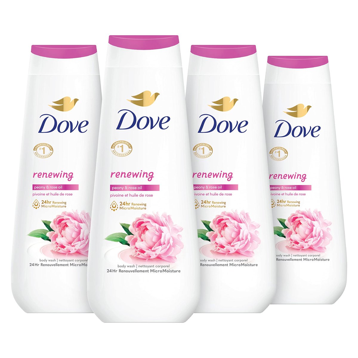 Dove Renewing Peony & Rose Oil Body Wash, 4 Count (20 oz Each) - Gentle Cleanser for Healthy-Looking Skin Avelisse