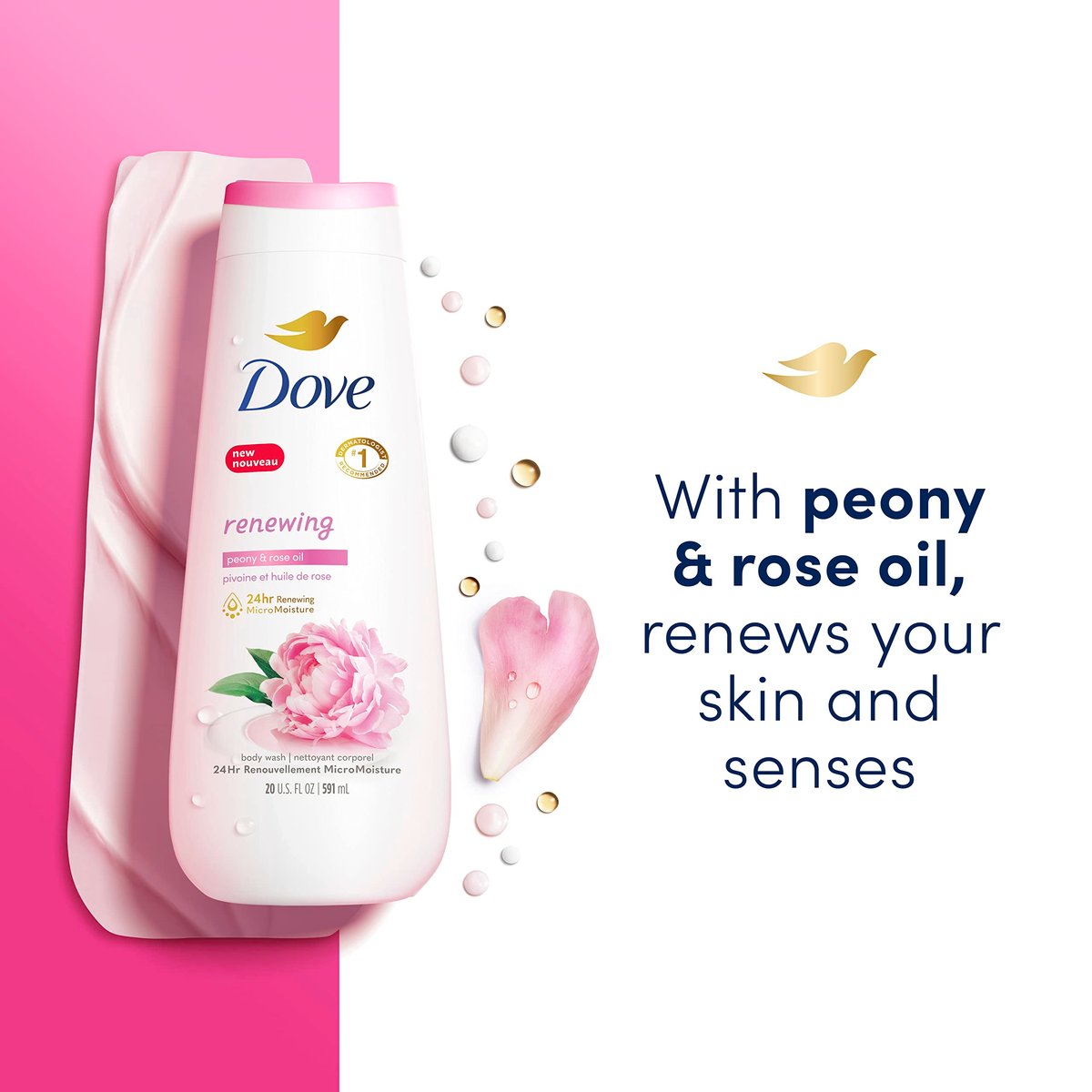 Dove Renewing Peony & Rose Oil Body Wash, 4 Count (20 oz Each) - Gentle Cleanser for Healthy-Looking Skin Avelisse