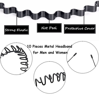 BOYIVI 15 Pieces Metal Headband for Men and Women - Unisex Adjustable Hair Band, Non-Slip Wavy Headbands for Home, Outdoor, Sports, Yoga (Black)