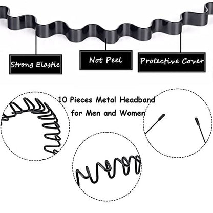 BOYIVI 15 Pieces Metal Headband for Men and Women - Unisex Adjustable Hair Band, Non-Slip Wavy Headbands for Home, Outdoor, Sports, Yoga (Black)