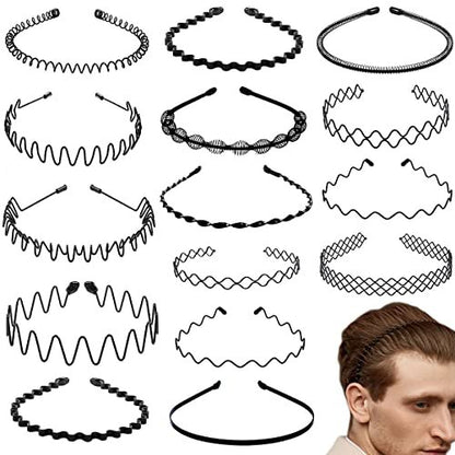 BOYIVI 15 Pieces Metal Headband for Men and Women - Unisex Adjustable Hair Band, Non-Slip Wavy Headbands for Home, Outdoor, Sports, Yoga (Black)