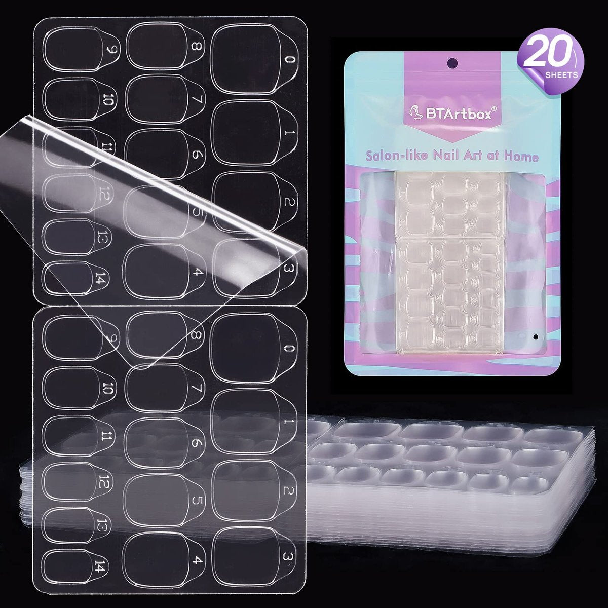 BTArtbox Adhesive Tabs for Press On Nails - 20 Sheets, 15 Sizes, Ultra Thin & Waterproof Sticky Tabs for Fake Nails, 600 PCS Double Sided Jelly Nail Stickers for Manicure - görsel 1