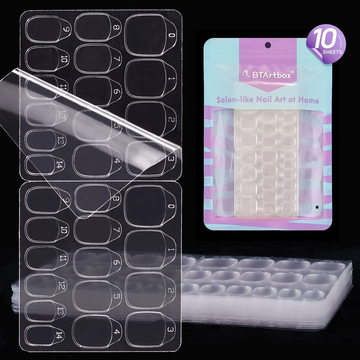 BTArtbox Ultra Thin & Waterproof Nail Stickers - 10 Sheets 15 Sizes 300PCS Double Sided Jelly Nail Tabs for Fake Nails - görsel 2