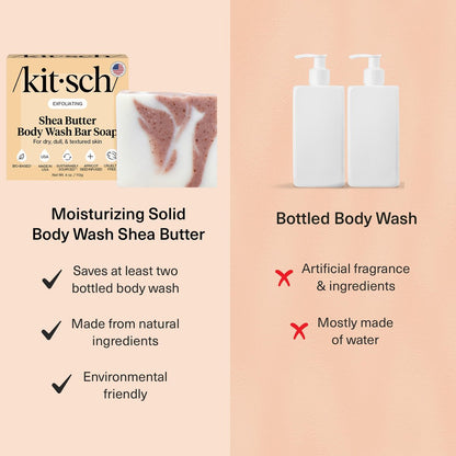 Kitsch Shea Butter Exfoliating Body Wash Bar Soap – Super Hydrating Plant-Based Body Scrub, Paraben & Sulfate-Free, Vegan, 4 oz