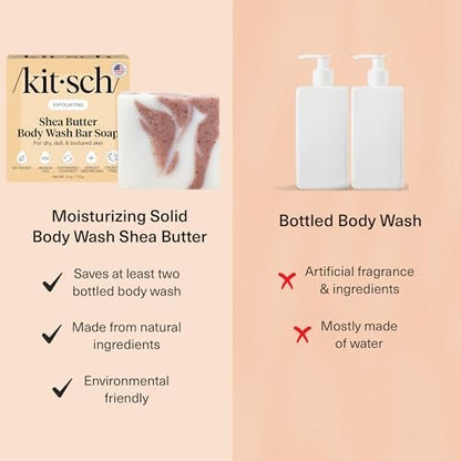 Kitsch Shea Butter Exfoliating Body Wash Bar Soap – Super Hydrating Plant-Based Body Scrub, Paraben & Sulfate-Free, Vegan, 4 oz