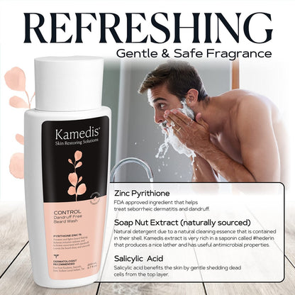KAMEDIS Beard Wash - Dandruff & Flake Free Beard Shampoo with Pyrithione Zinc & Salicylic Acid, 6.7 oz