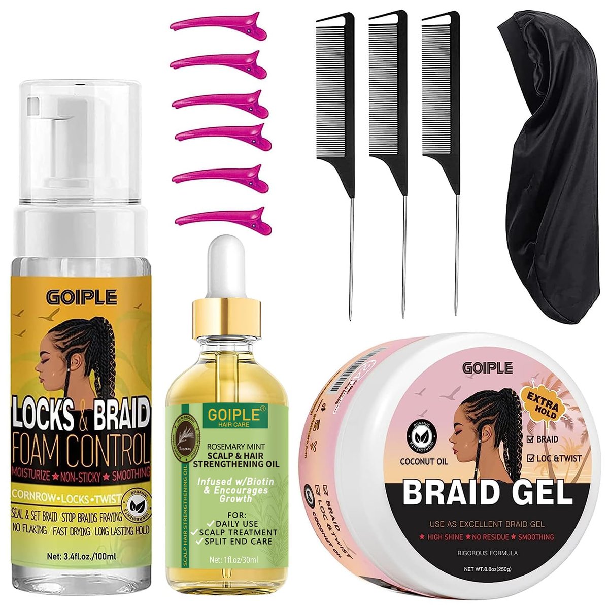 Extra Hold Styling Gel and Mousse for Braids, Twists, Locs, Cornrows - Frizz Taming, Smoothing & Edge Control with Rosemary Hair Growth Oil (Bonus: Hair Combs, Bonnet, Clips) Avelisse